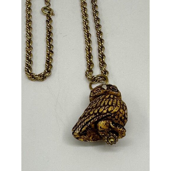 VTG Owl Pendant Necklace Gold Tone Rope Chain 13" Retro Jewelry Accessories - Picture 8 of 8